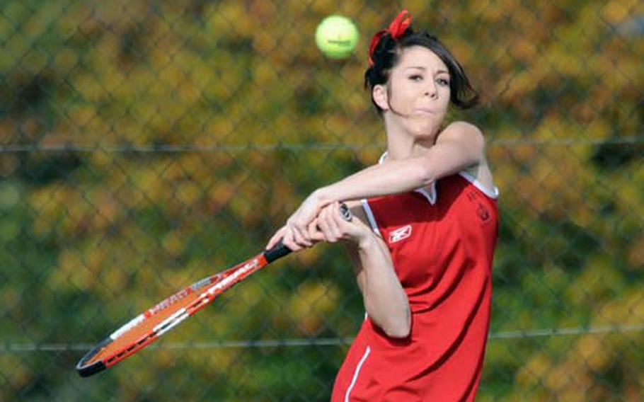 Ramstein’s Lindsey Jones returns a shot Saturday during her 6-3, 4-6, 6-4 victory over Bitburg’s Kaitlyn Miller in Bitburg.