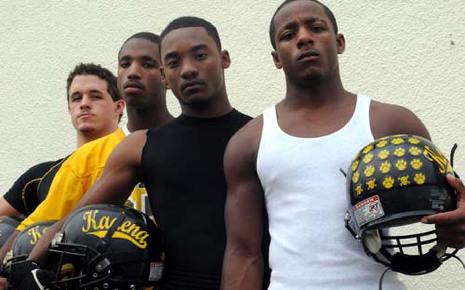 Running behind such escorts as senior center Tyler Broome, left, junior running backs Lotty Smith, Thomas McDonald and Shariff Coleman have paced the Kadena Panthers to their fourth straight Okinawa Activities Council football title and Class AA playoff berth.