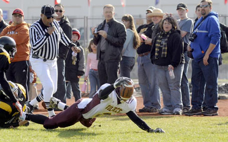 Vilseck running back Mario Gibson dives but comes up a yard short of a touchdown.