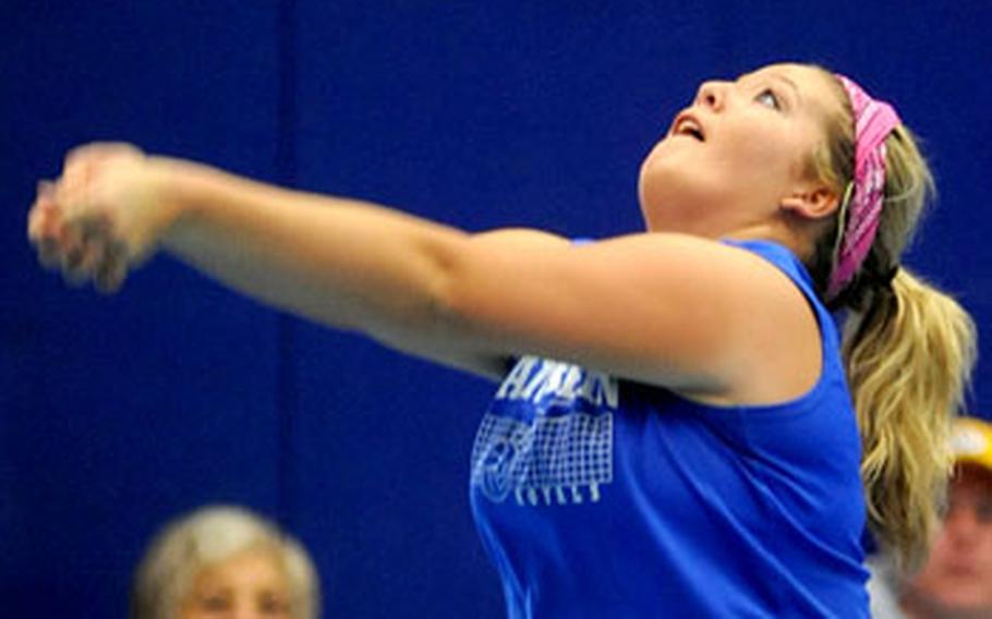 Ramstein's Charnel Austin bumps the ball to a teammate in a match against Wiesbaden on Oct. 10.