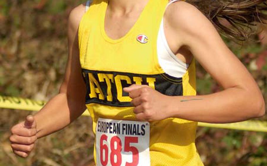 Katherine Castro, a freshman from Patch, rounds a corner halfway through the DODDS-Europe girls cross country championship Saturday. Castro finished first, 19 seconds ahead of the runner-up, Colleen Davis of Kaiserslautern.