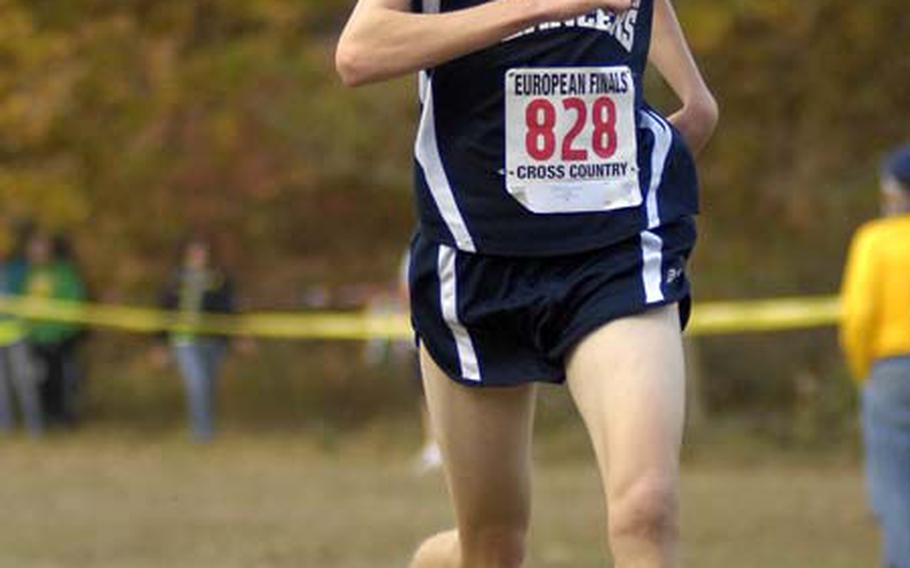 Archie Robertson of Lakenheath High School, pushes towards a second place finish in the boys DoDDS European cross country championship held in Schwetzingen near Heidlelberg, Germany. taking third.