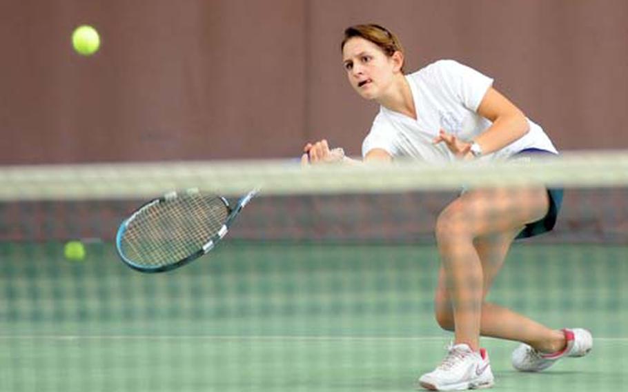 Defending champion Ginevra Bolla of Marymount returns a shot against Ramstein’s Lindsey Jones during the girls singles final in the DODDS-Europe tennis championships Saturday. Bolla won 6-4, 6-4.