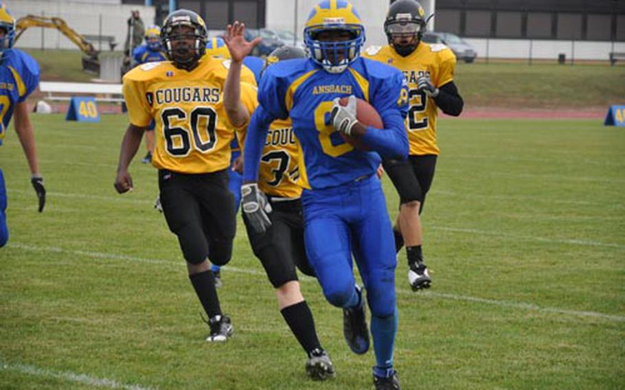 Ansbach’s Johnny Bunch scampers in with the final TD of the game in Ansbach’s 54-12 victory over Vicenza on Saturday in Ansbach, Germany.