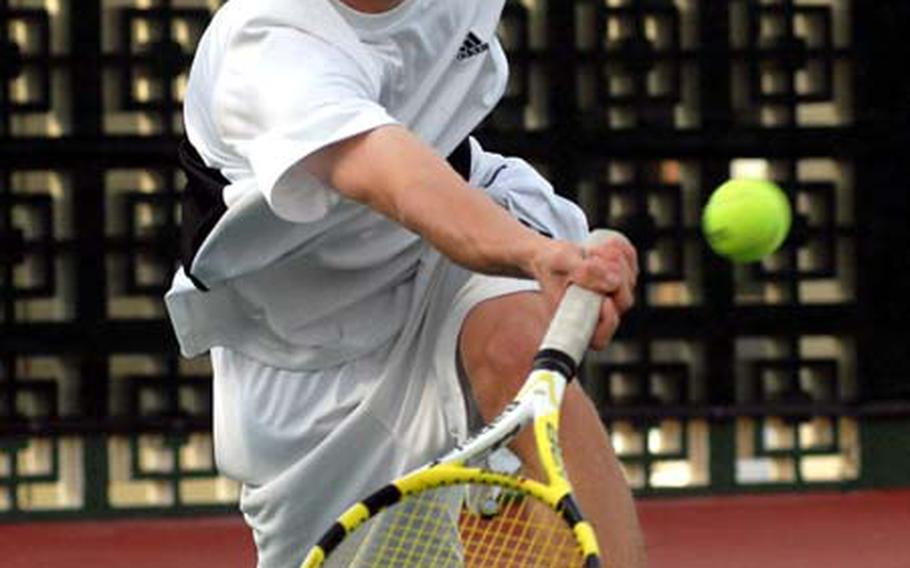 Kadena senior and two-time defending Far East boys singles champion Kyle Sprow, above, could have his hands full facing challenges from teammate Elliot Mason, Seoul American’s Chong Lee and Daegu’s Russell Midomaru.