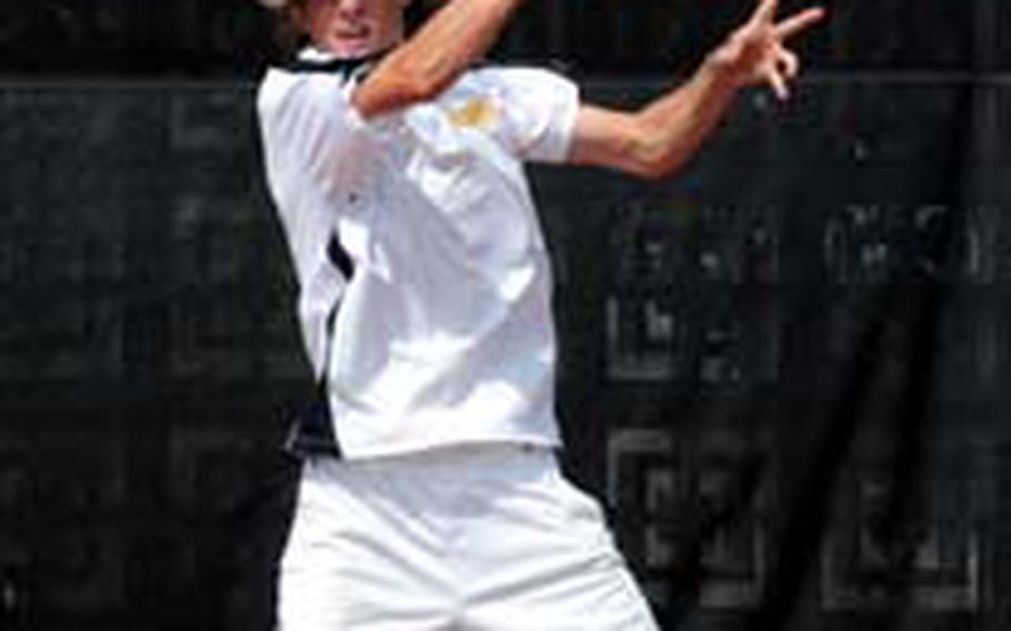 Kadena Panthers senior tennis player Kyle Sprow delivers a forehand to senior teammate Elliot Mason during Thursday&#39;s boys singles final of the 2009 DODEA Pacific Far East High School Tennis Tournament at Risner Tennis Center, Kadena Air Base, Okinawa. Sprow won his third straight singles gold, blanking Mason 6-0, 6-0, and Kadena won the team title over four-time champion Seoul American.