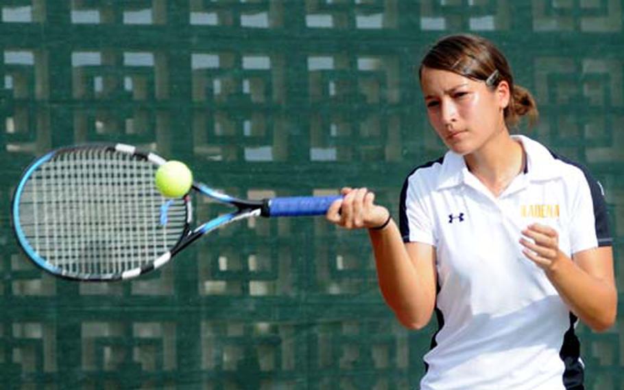 Kadena senior Elissa Mason delivers a forehand against Seoul American senior Kennedy Allen during Thursday’s girls singles final of the DODEA Pacific Far East high school tennis tournament at Risner Tennis Center, Kadena Air Base, Okinawa. Mason won her second straight singles gold, outlasting Allen 6-4, 4-6, 6-4 in a nearly two-hour match. Kadena won the team title over four-time champion Seoul American.