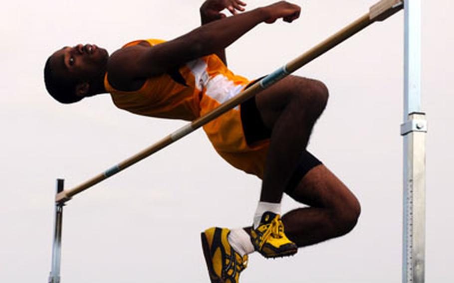 Kadena Panthers junior Lotty Smith clears the high-jump bar at 6 feet during Saturday’s Okinawa Activities Council season-opening track and field meet at Camp Foster, Okinawa. Smith, the reigning district champion, won the event.