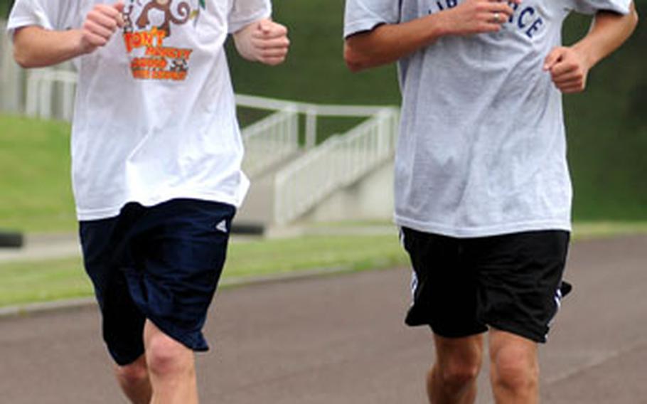 Kadena Panthers junior Jacob Bishop, left, specialises in long-distance disciplines, while junior teammate Tomas Sanchez, the 2009 Okinawa Activities Council district cross-country champion, is strong in the 800. It&#39;s the 1,500 race, Bishop says, which "is the big fight" between the Kadena track rivals and friends.