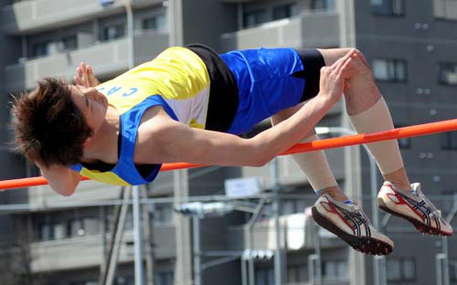 Shorai Ashida of Christian Academy Japan clears 6 feet, 3 inches during Saturday's mixed DODEA Japan/Kanto Plain Association of Secondary Schools track and field meet at Bonk Field, Yokota High School, Yokota Air Base, Japan. Ashida's leap matched Lotty Smith of Kadena for the region's best this season.