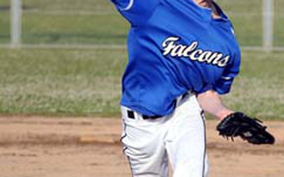 Seoul American junior Colton Heckerl delivers against St. Mary’s International on Friday at Camp Foster, Okinawa. Seoul American scored seven runs in the last two innings and got a game-ending triple play to edge the Titans 9-8.