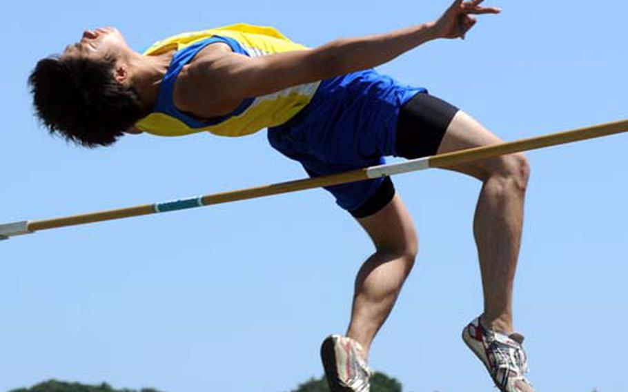 Shorai Ashida of Christian Academy Japan just clears the bar during Saturday&#39;s boys high jump in the 8th Alva W. "Mike" Petty Memorial Track and Field Meet at Mike Petty Stadium, Kubasaki High School, Camp Foster, Okinawa. Ashida cleared 1.96 meters (6 feet, 5 inches) to tie the meet record, but missed three tries at 1.98 to beat it and the Pacific record of 1.97.