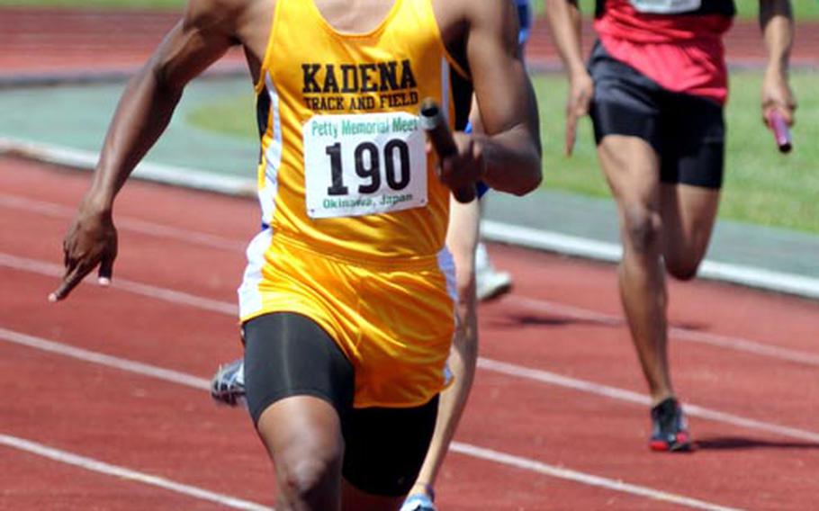Kadena Panthers junior Thomas McDonald leads the pack during Saturday’s boys 400-meter relay at Camp Foster, Okinawa. McDonald and Kadena won in meet-record time of 45.13 seconds.