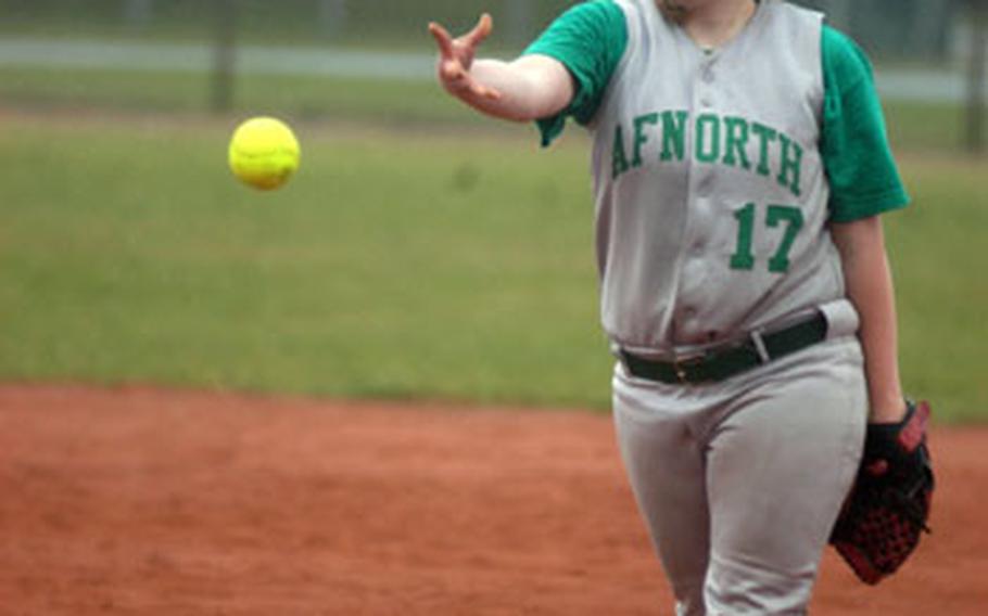 Hannah Lenard, a AFNORTH senior, throws a pitch during the first game of a softball doubleheader at RAF Lakenheath, England, Saturday. Lakenheath swept the two games, 2-0 and 13-0.