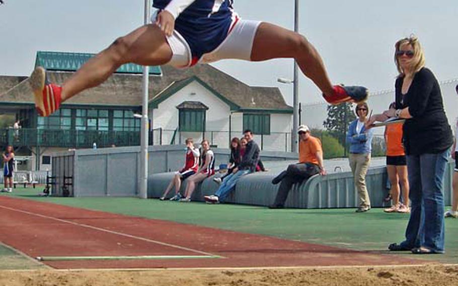 Lakenheath’s Jasmin Walker powers into her winning 17 foot, 7-inch long jump April 24 at Alconbury. The jump is a season best for DODDS-Europe, but two feet shorter than Walker’s personal best.