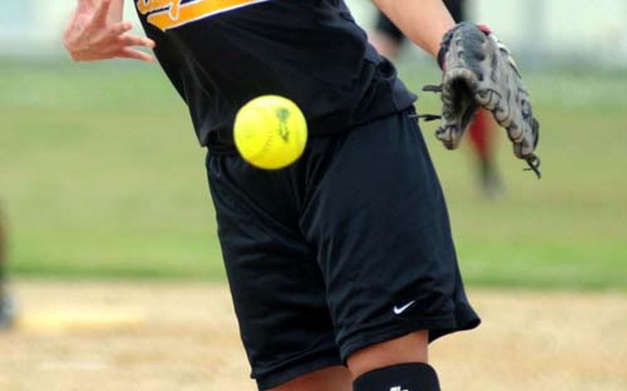 Senior pitcher Mary Schweers delivers for Kadena, the favorite going into the inaugural Far East softball tournament.