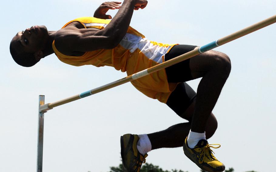 Kadena&#39;s Lotty Smith clears the bar during Tuesday&#39;s boys high jump in the 2010 DODEA Pacific Far East High School Track & Field Championships at Mike Petty Stadium, Kubasaki High School, Camp Foster, Okinawa. Smith matched his personal best of 6-foot-4, or 1.92 meters.