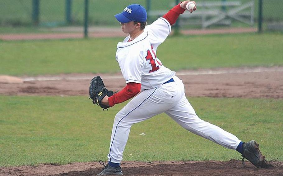 Ramstein hurler Jon Groteleuschen, a strikeout pitcher, delivers during a victory against SHAPE on May 8.