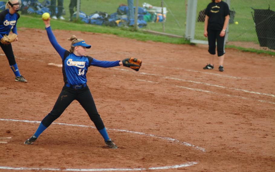 Ansbach pitcher Katie Schuh prepares to fire a pitch against Vicenza on opening day of the DODDS-Europe Division II softball tournament. Third-seeded Vicenza nipped No. 9 Ansbach, 13-12.