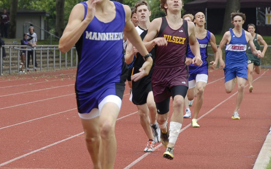 Alex Cornelius of Mannheim High leads the field to win the boys 800 meter run in 4 minutes, 11.24 seconds in the  DODDS-Europe Track and Field Championships at the Rüsselsheim, Germany,  stadium. Second was Zane Kennedy of Vilseck in 4:15.98, third Carl Lewenhaupt of Ramstein in 4:17.20. Cornelius also won the boys 800 meters in 2:00.92.2