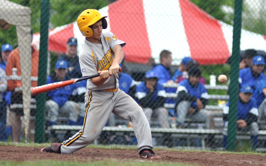 Vicenza short stop Joe Boswell hits a single against Hohenfels during the first inning in a Division II pool game Friday at the DODDS-Europe baseball championship on Ramstein Air Base, Germany. Vicenza went on to win 25-5.