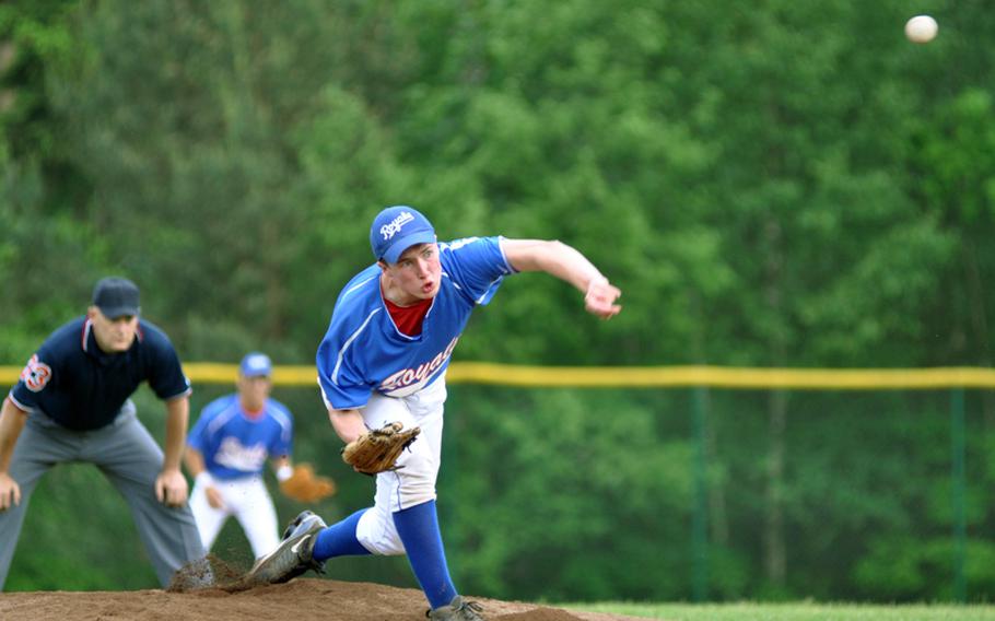 Ramstein pitcher Shane Foley throws a strike in the bottom of the first inning against SHAPE during Ramstein's 24-5 semifinal romp in the DODDS-Europe baseball tournament on Friday at Ramstein Air Base, Germany.