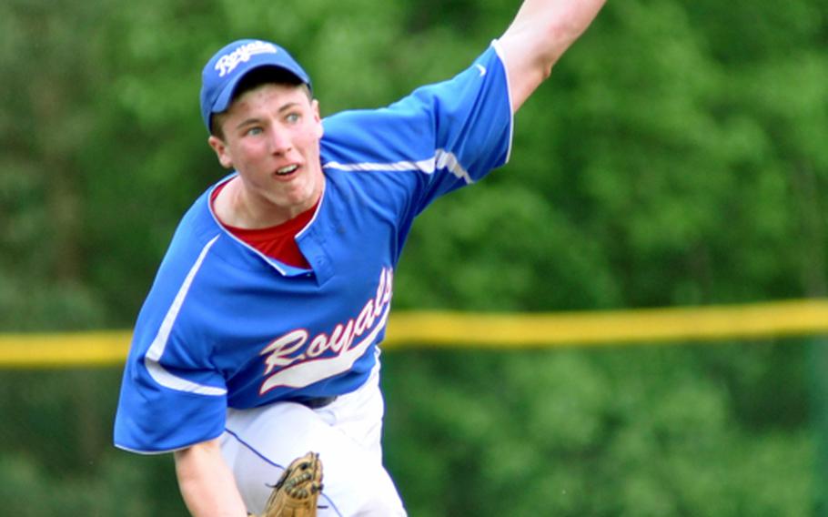 Ramstein pitcher Shane Foley throws a strike in the bottom of the first inning against SHAPE during the Royals' 24-5 romp in a Division I baseball semifinal in the DODDS-Europe baseball tournament on Friday at Ramstein Air Base, Germany.