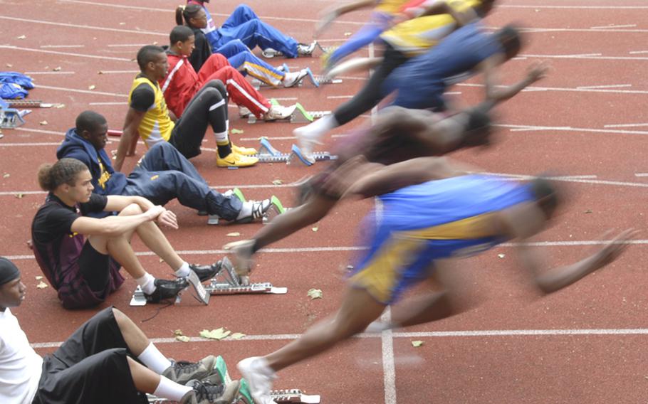 Runners get off to a fast start in one of the preliminary heats in the boys 100 meter dash on the first day of the DODDS-Europe Track and Field Championships at the Rüsselsheim, Germany, stadium on Friday.