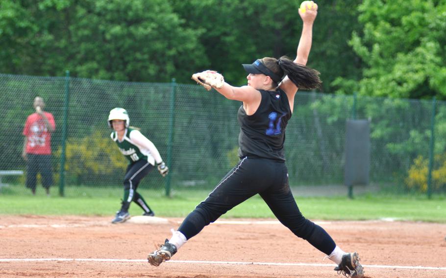 Hohenfels pitcher Mandy LaVanway throws a strike in the bottom of the first inning of the DODDS-Europe Division II champsionship game against Naples at Ramstein High School on Saturday.