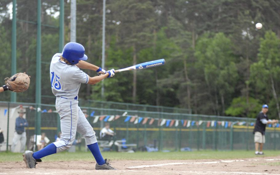 Rota sophomore Tim Morgan gets the game-winning hit during the last inning of the DODDS-Europe Division II/III baseball championships on Saturday. Rota defeated Naples, 4-3.