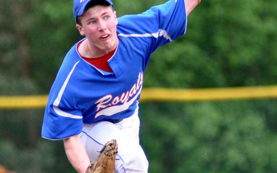 Shane Foley, who pitched and played center field for Ramstein, fires a pitch against SHAPE during the Division I baseball tournament. Foley was named to the All-Europe baseball first team.