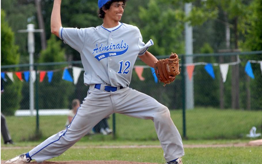 Rota junior Cameron Henry, shown pitching during the DODDS-Europe Division II/III baseball championship game last month, was selected to the All-Europe baseball first team. He was on the second team last year.