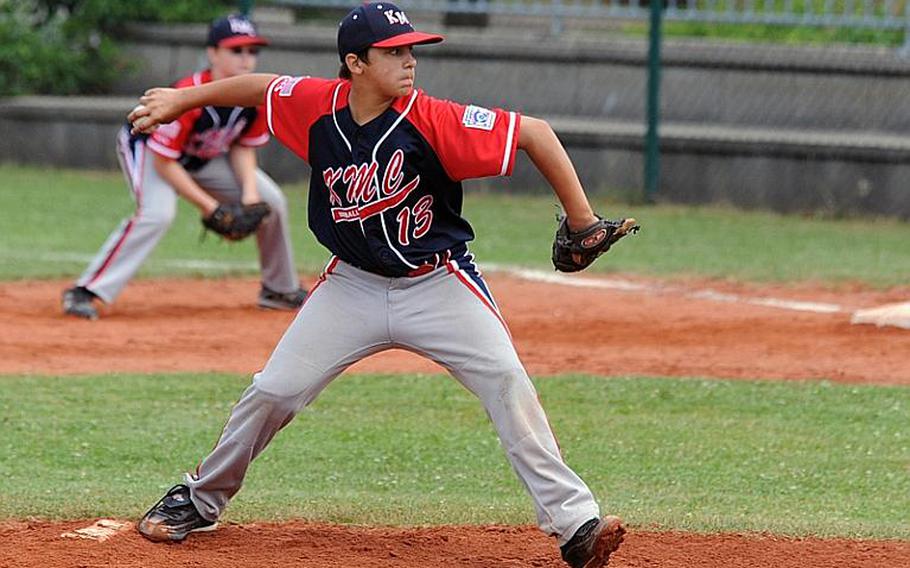 Daniel Harrington was the winning pitcher in the KMC&#39;s victory over the North Rhine-Westphalia team in the second game of a Germany playoff series 3-2, in Ramstein, Germany, on Saturday. The KMC team will now go to Kutno, Poland, for a chance to win a trip to the Little League World Series in Williamsport,  Pa.