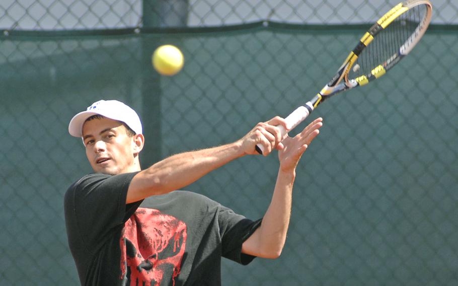 Jorge Sepulveda returns a shot in his 3-6, 4-6 loss to Terry Johnson in the men&#39;s open final at the U.S. Forces Europe tennis championships in Heidelberg, Germany, on Sunday.