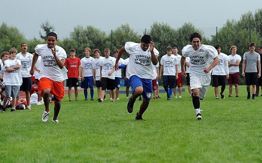 To end the morning session at the DODDS-Europe football West Camp in Bitburg, Germany, on Wednesday, the athletes participated in a 40-yard dash competition.