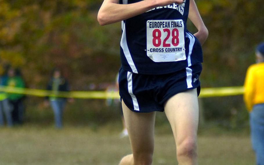 Archie Robertson of Lakenheath pushes toward a second-place finish in last year's  DODDS European boys cross country championship held Saturday in Schwetzingen, Germany. He will be back to challenge for this yea's crown.