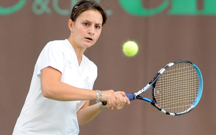 Ginevra Bolla of Marymount prepares to return a shot against Ramstein's Lindsey Jones during last season's girls singles final in the DODDS-Europe tennis championships. Bolla will be back to defend the title she has won two years in a row.