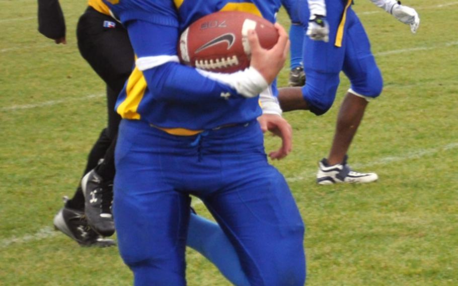 Alex Moya heads downfield on a punt return for a touchdown in Ansbach&#39;s  win over Vicenza last season. Moya, along with teammate Matt Jones, are two of only a few DODDS All-Europe returnees to the gridiron this season.