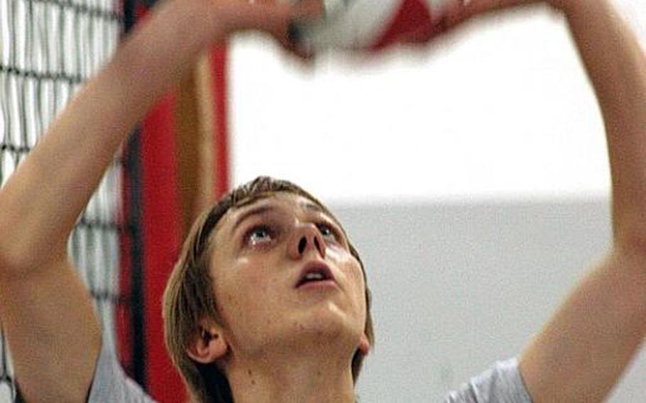 Aviano High School senior Sam Hillestad, shown practicing his setting, has been playing with Italian teams in preparation for another season of boys volleyball.