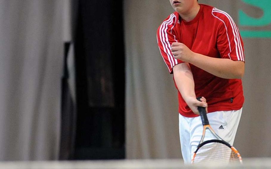 Alex Helm of Kaiseslautern slaps a Evin Alarilla shot back across the net during their match in Wiesbaden on Saturday. Alarilla won 6-0, 6-0.