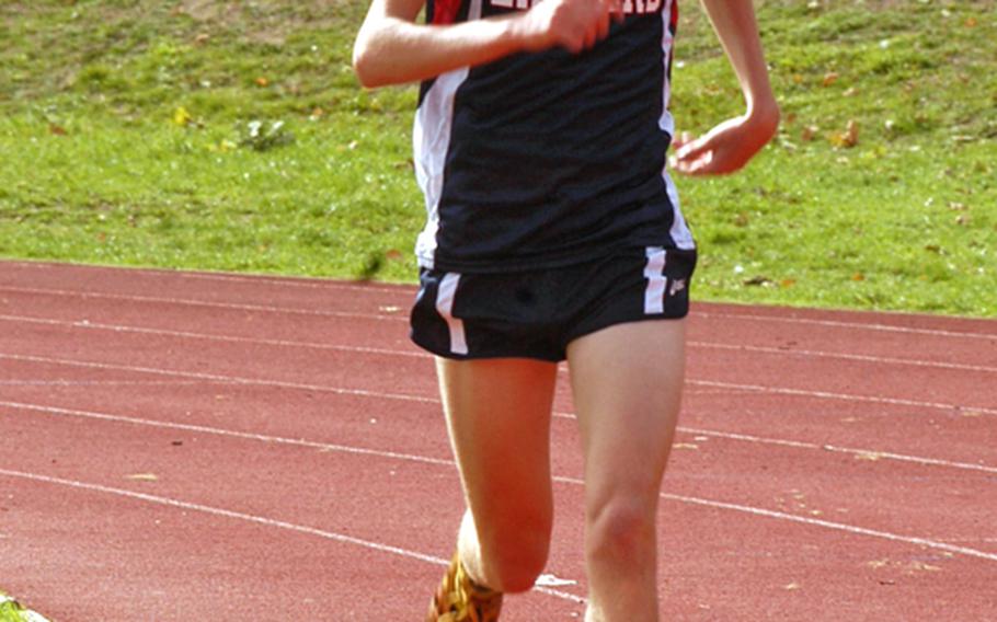 Archie Robertson crosses the finish line ahead of the field in the first cross country meet of the year. According to his coach, Robertson has won each of the season's three races by a comfortable margin.