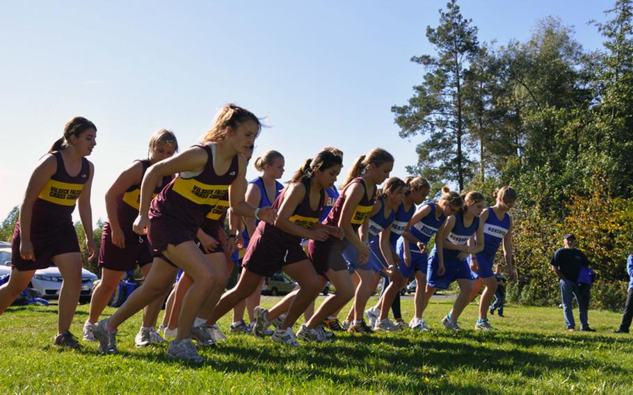 Female runners wait for the horn to sound Saturday in Bamberg to start the 5-kilometer race. Bamberg hosted Hohenfels, Vilseck and Ansbach runners.
Amanda Elliott of Hohefels took the individual title, while Vilseck won the girls team title.