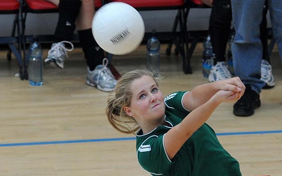 AFNORTH's Rylee McKinney  knocks the ball back over the net in her team's 25-15, 25-14, 28-26 volleyball loss to Wiesbaden on Saturday.
