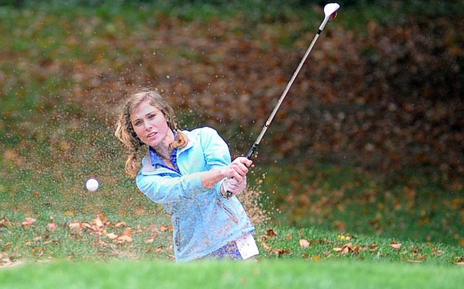 Wiesbaden's Hollie Salvo hits out of a bunker at Woodlawn Golf Course on Ramstein Air Base  during last week's match in Ramstein. Salvo will be trying to defend her DODDS-Europe title when this year's championships get under way on her home course on Thursday.