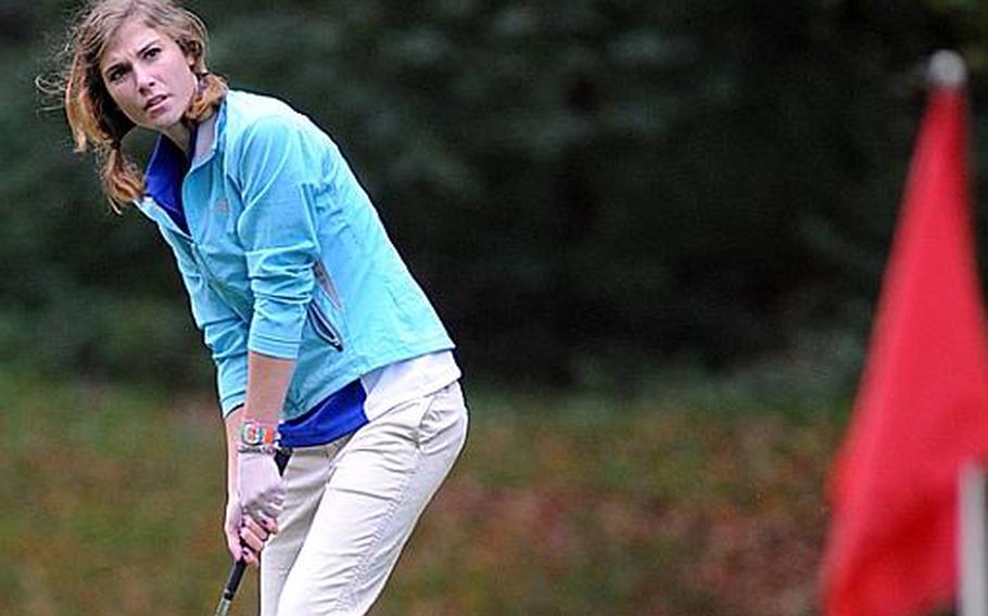 Hollie Salvo watches her chip from the edge of the green sail toward the pin during last week's match in Ramstein. This week the Wiesbaden junior will be trying to defend her 2009 DODDS-Europe golf title when action gets under way in Wiesbaden on Thursday.