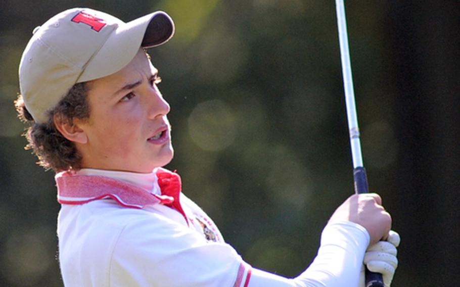 Kaiserslautern&#39;s Mackenzie Bradley watches his tee shot sail down the fairway on opening day of the DODDS-Europe golf championships at Wiesbaden&#39;s Rheinblick golf course on Thursday.