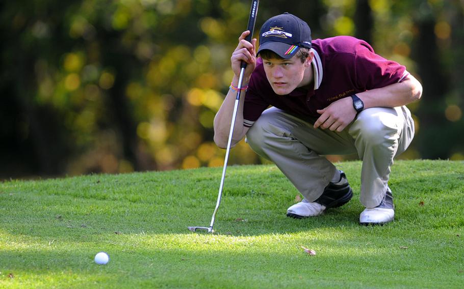 Vilseck&#39;s Frank Zachar lines up a putt on the Rheinblick&#39;s sixth hole during opening day action at the DODDS-Europe golf championships in Wiesbaden on Thursday.