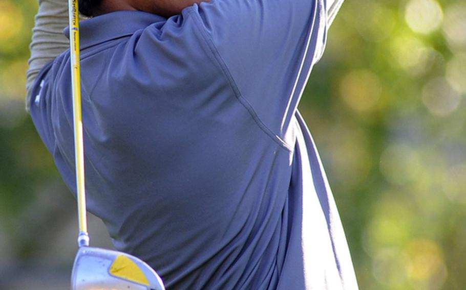 Aviano&#39;s Eric Ayer tees off on opening day of the DODDS-Europe golf championships at Wiesbaden&#39;s Rheinblick golf course on Thursday. Ayer was the only golfer from DODDS schools in Italy to qualify for the tournament.