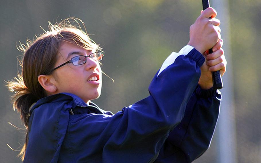 Lakenheath&#39;s Erika Larson follows her tee shot on the first hole during opening day action at the DODDS-Europe golf championships at Wiesbaden&#39;s Rheinblick golf course on Thursday.