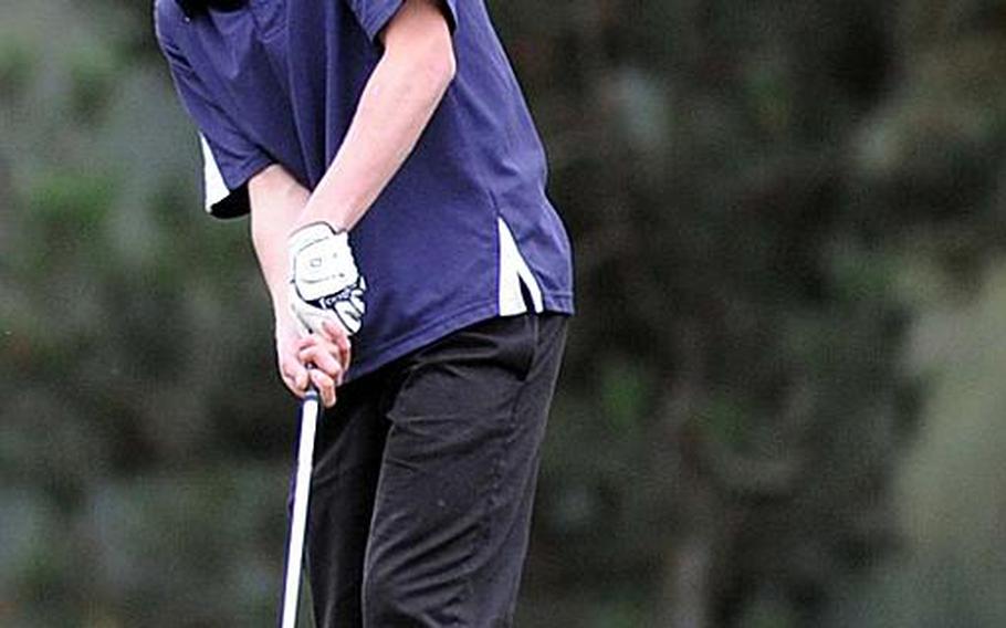 Lakenheath's Ryan McDonnell chips on to the 18th green on the final day of the 2010 DODDS-Europe golf championships in Wiesbaden, on Friday. He finished ninth in the two-day tourney.